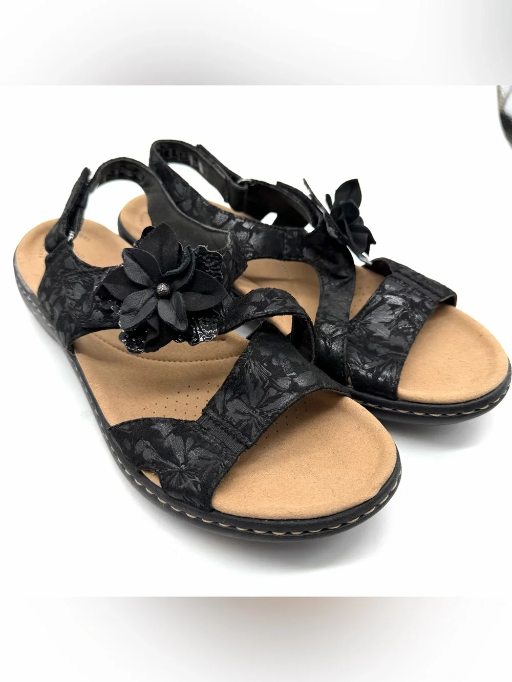 Clarks Laurieann Bea Black Leather Floral Slingback Comfort Sandal Women’s 8.5M